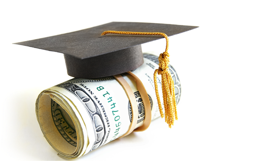 Roll of money with a graduation cap
